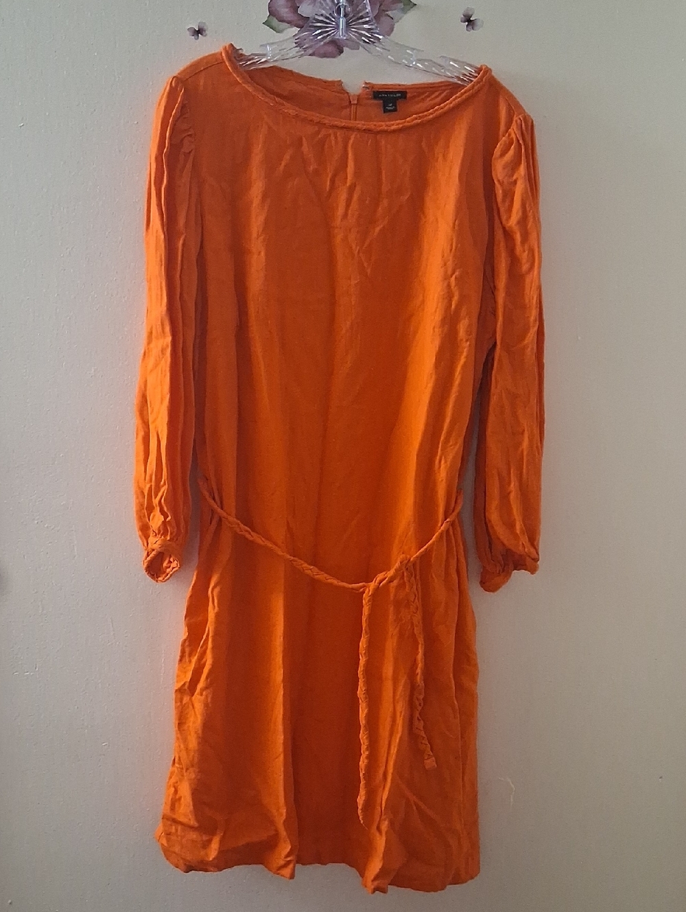 Ann Taylor Orange Linen Shift Dress 16T Belted Braided Neckline & Cuffs